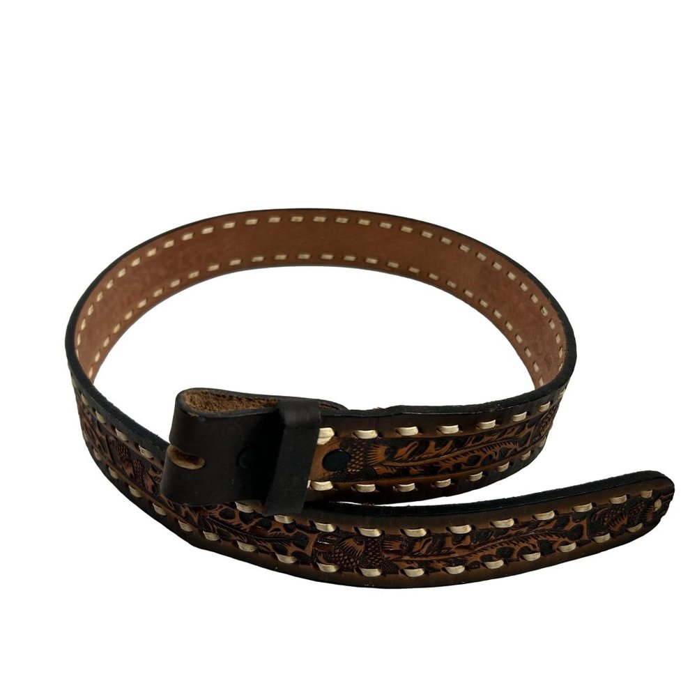 Vintage Brown Tooled Leather Belt Size 38 Top Grain Cowhide Acorns Stitching